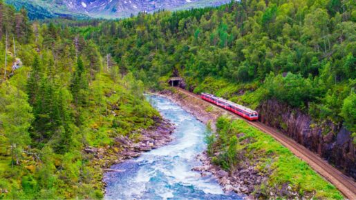 Train on Bergen line showing mountain range