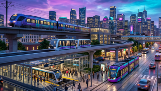 AI generated Urban environment showing people movers, Trams, Intercity trains, and metro