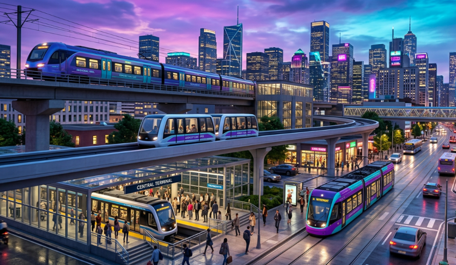 AI generated Urban environment showing people movers, Trams, Intercity trains, and metro