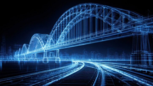 Digital image in blue of bridge and railway line on a black background